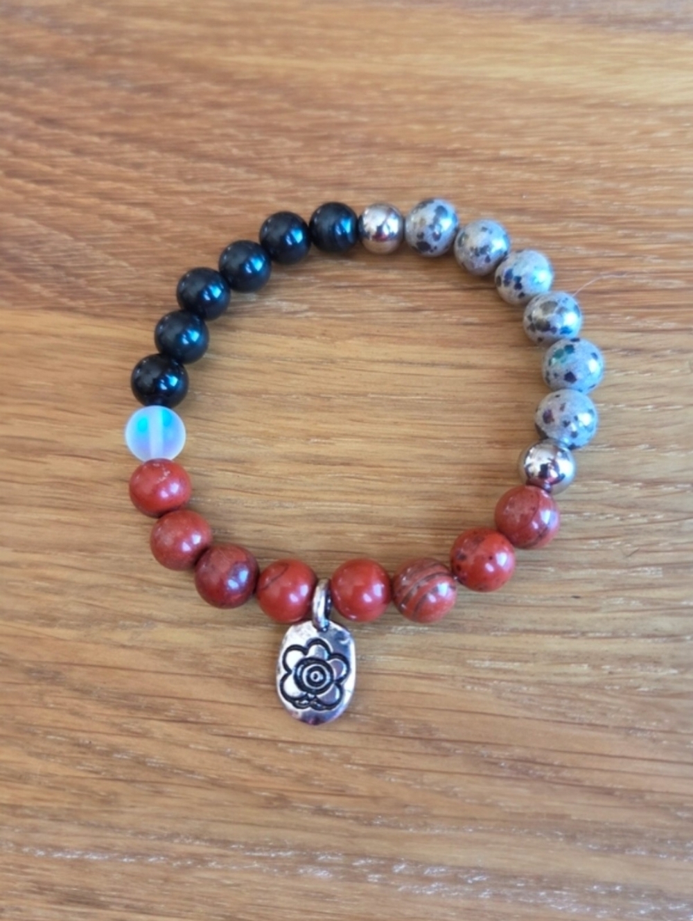 Red Jasper, Black Onyx & Dalmatian Jasper Beads Stretch Bracelet | Handmade